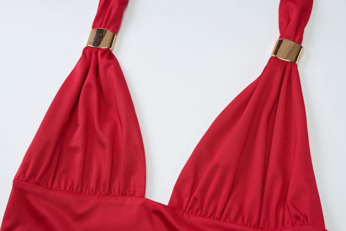 Chic Black Halter Crop Top | Ruched V-Neck with Gold Ring Detail for Fall Nights & Holiday Glam