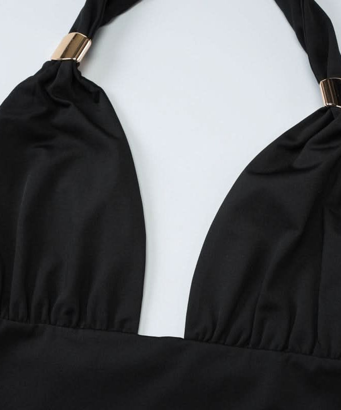 Slinky Black Halter Plunge Crop Top & Maxi Skirt Set - Fall & Holiday Ready