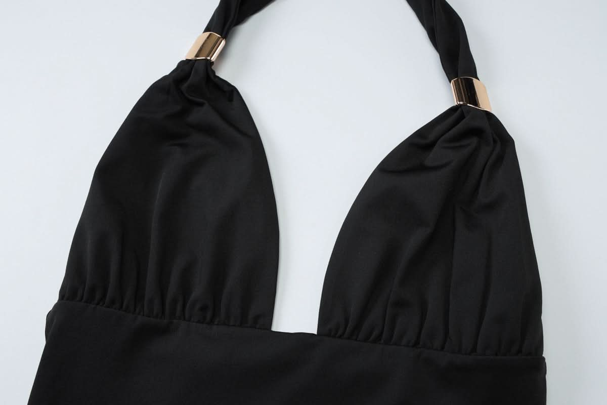 Slinky Black Halter Plunge Crop Top & Maxi Skirt Set - Fall & Holiday Ready