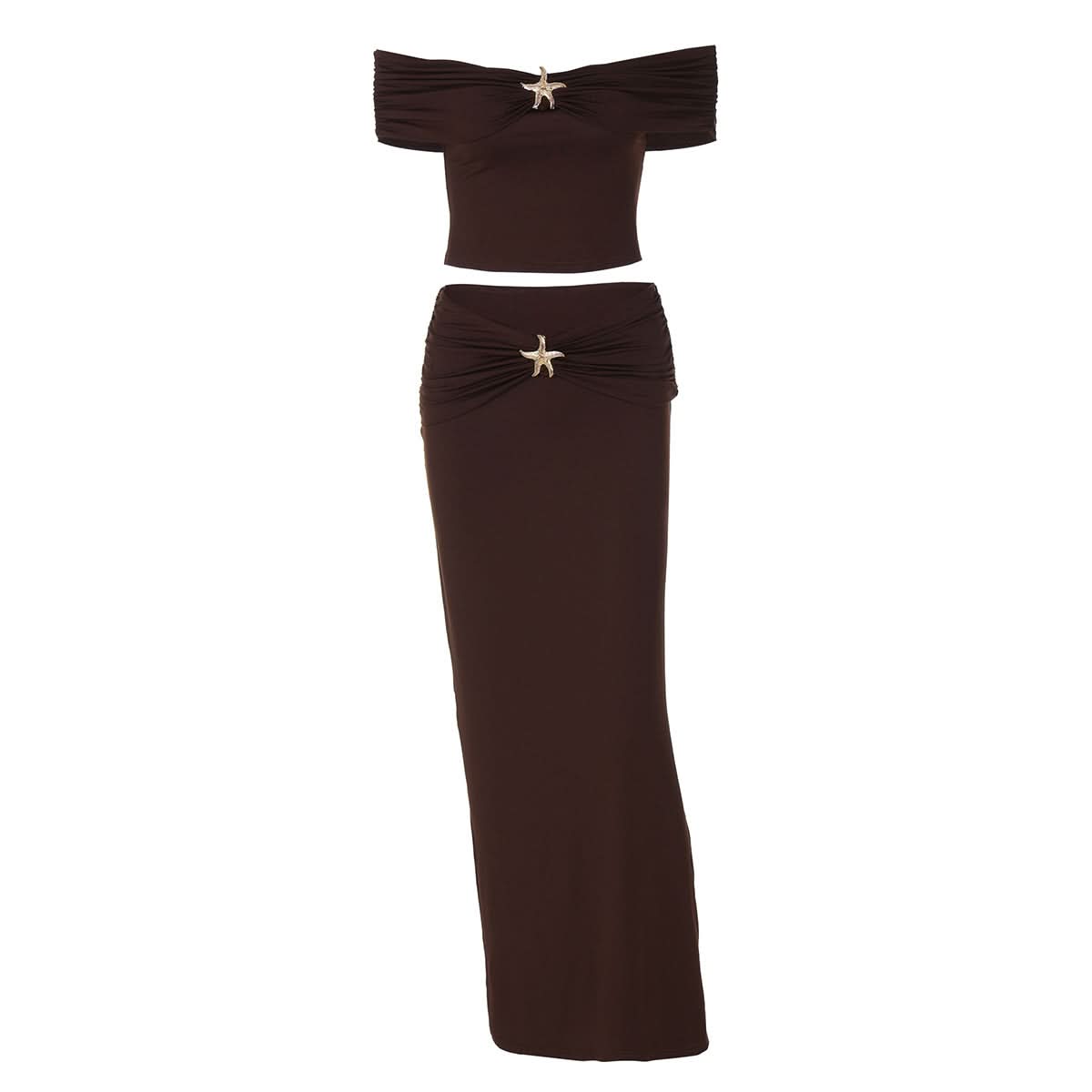 Chic Chocolate Brown Starfish Off-Shoulder Maxi Set | Fall Resort Elegance