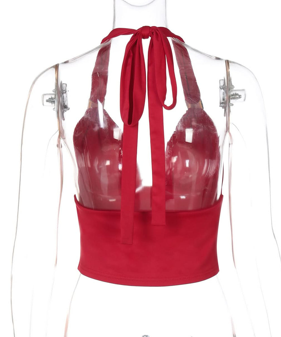 Chic Black Halter Crop Top | Ruched V-Neck with Gold Ring Detail for Fall Nights & Holiday Glam