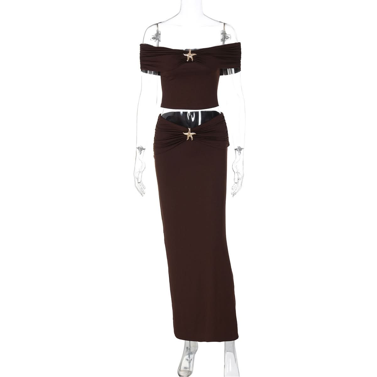 Chic Chocolate Brown Starfish Off-Shoulder Maxi Set | Fall Resort Elegance