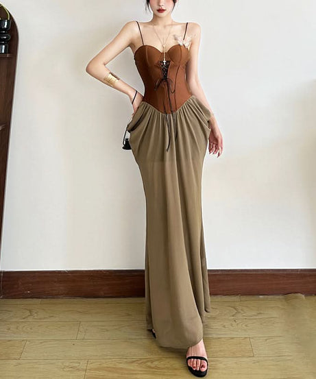 Effortless Fall Chic: Two-Tone Corset Bodice Maxi Dress – Olive & Brown