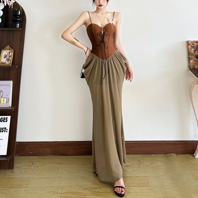 Effortless Fall Chic: Two-Tone Corset Bodice Maxi Dress – Olive & Brown