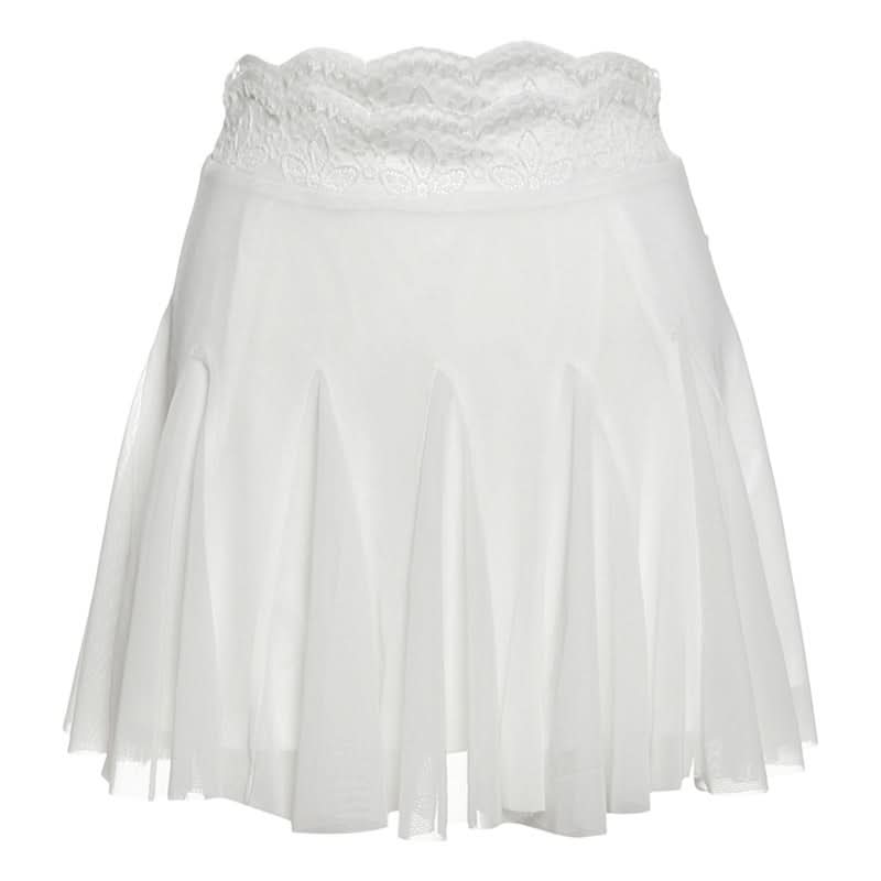 Fall Chic: Black Lace Trim Mesh Mini Skirt - A-Line Flounce for Women