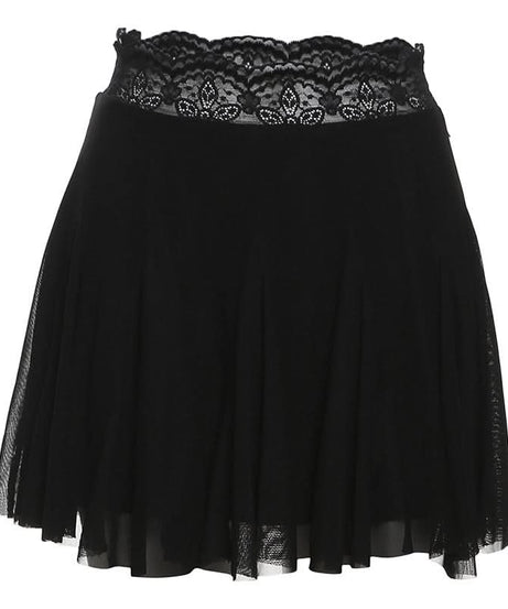 Fall Chic: Black Lace Trim Mesh Mini Skirt - A-Line Flounce for Women