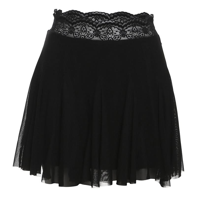 Fall Chic: Black Lace Trim Mesh Mini Skirt - A-Line Flounce for Women