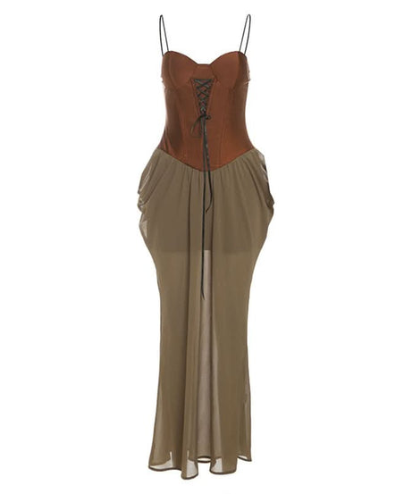 Effortless Fall Chic: Two-Tone Corset Bodice Maxi Dress – Olive & Brown