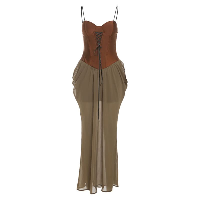 Effortless Fall Chic: Two-Tone Corset Bodice Maxi Dress – Olive & Brown