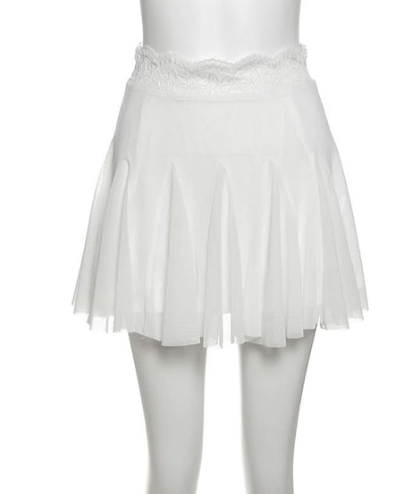 Fall Chic: Black Lace Trim Mesh Mini Skirt - A-Line Flounce for Women