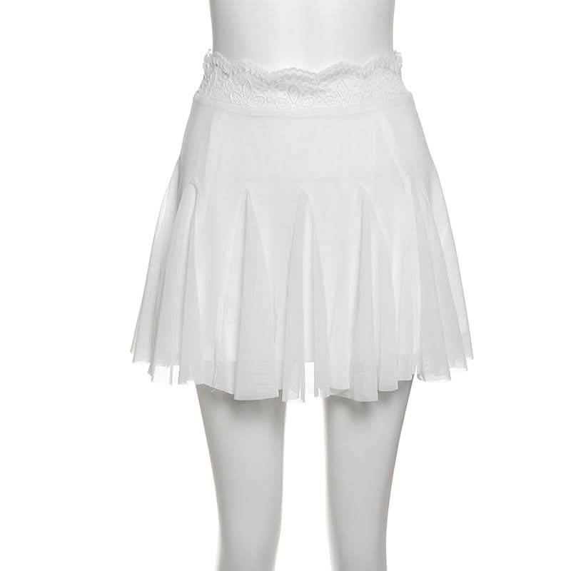 Fall Chic: Black Lace Trim Mesh Mini Skirt - A-Line Flounce for Women