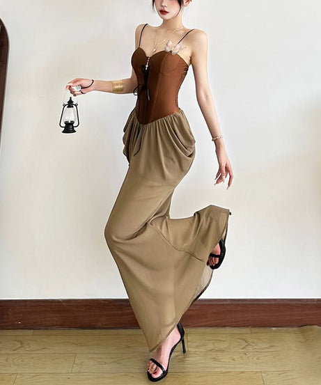 Effortless Fall Chic: Two-Tone Corset Bodice Maxi Dress – Olive & Brown