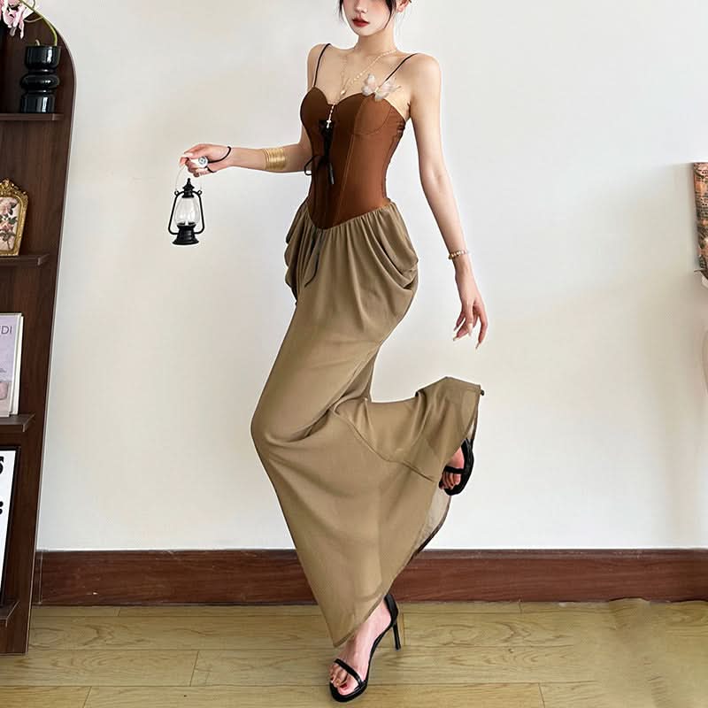Effortless Fall Chic: Two-Tone Corset Bodice Maxi Dress – Olive & Brown