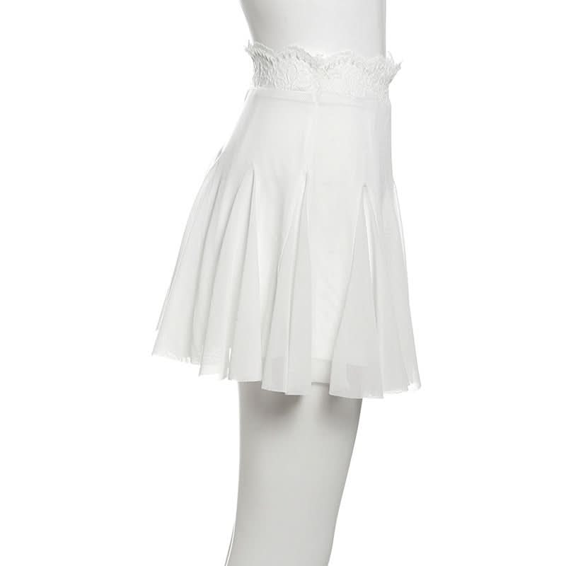 Fall Chic: Black Lace Trim Mesh Mini Skirt - A-Line Flounce for Women