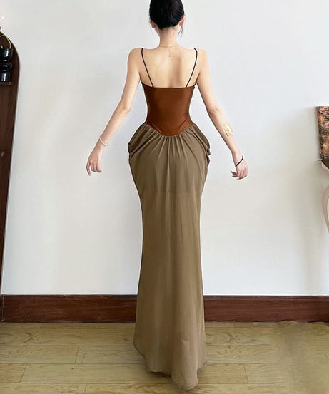 Effortless Fall Chic: Two-Tone Corset Bodice Maxi Dress – Olive & Brown