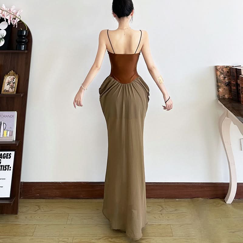 Effortless Fall Chic: Two-Tone Corset Bodice Maxi Dress – Olive & Brown