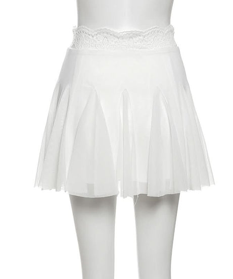 Fall Chic: Black Lace Trim Mesh Mini Skirt - A-Line Flounce for Women