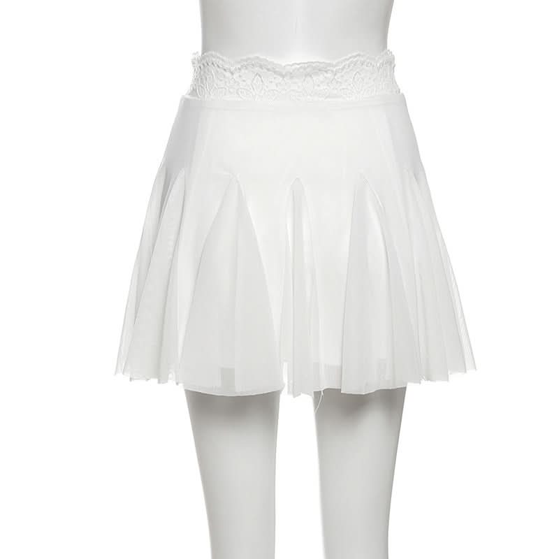 Fall Chic: Black Lace Trim Mesh Mini Skirt - A-Line Flounce for Women