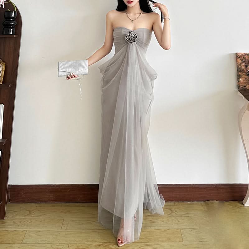 Elegant Strapless Mesh Maxi Dress with 3D Floral Appliqué – Your Go-To for Fall & Holiday Events