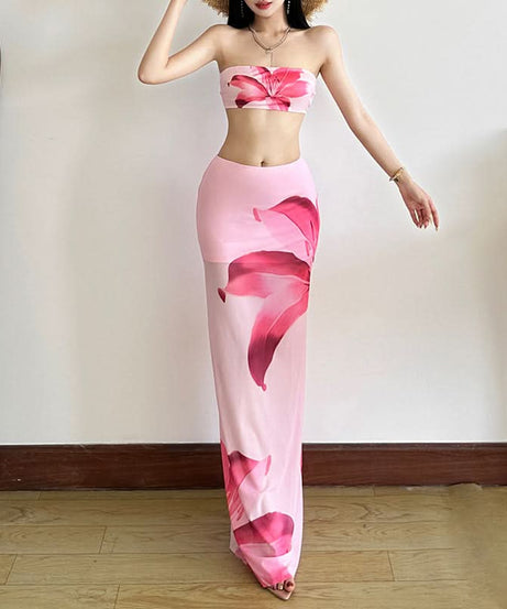 Stunning Pink Floral Mesh Maxi Skirt Set – Chic Strapless Tube Top & Sheer Vacation Skirt | Your Tropical Fall Getaway Essential