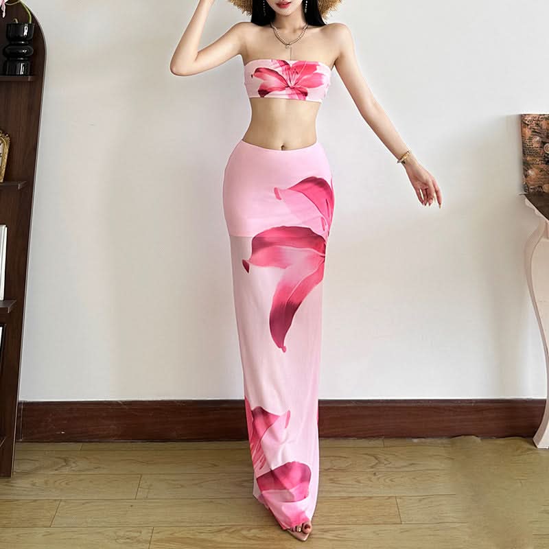 Stunning Pink Floral Mesh Maxi Skirt Set – Chic Strapless Tube Top & Sheer Vacation Skirt | Your Tropical Fall Getaway Essential