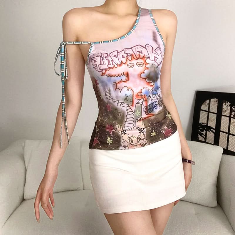 HAHAAH! Spooky-Chic Asymmetrical Graphic Tank Top - Fall Street Style Tie-Up