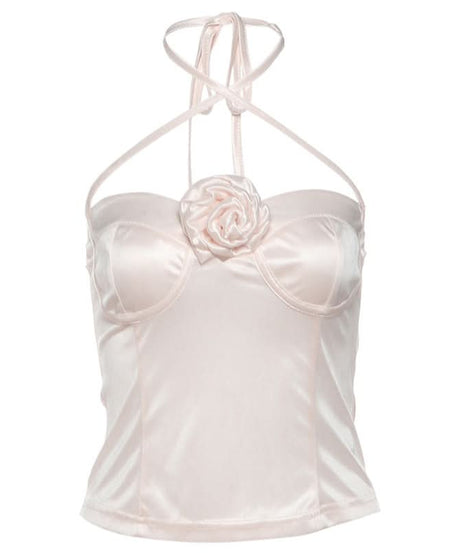 Dreamy Blush Satin Halter Top with 3D Rose - Romantic Fall Nights & Holiday Chic