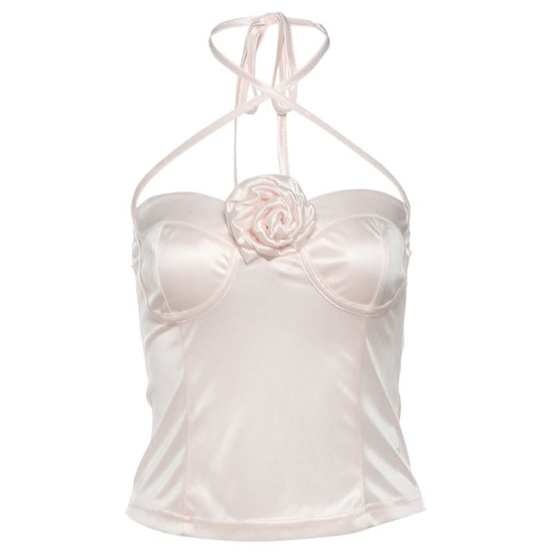 Dreamy Blush Satin Halter Top with 3D Rose - Romantic Fall Nights & Holiday Chic