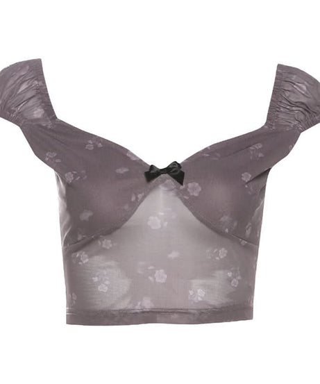 Coquette Floral Mesh Crop Top with Bow - Sheer Y2K Style for Fall
