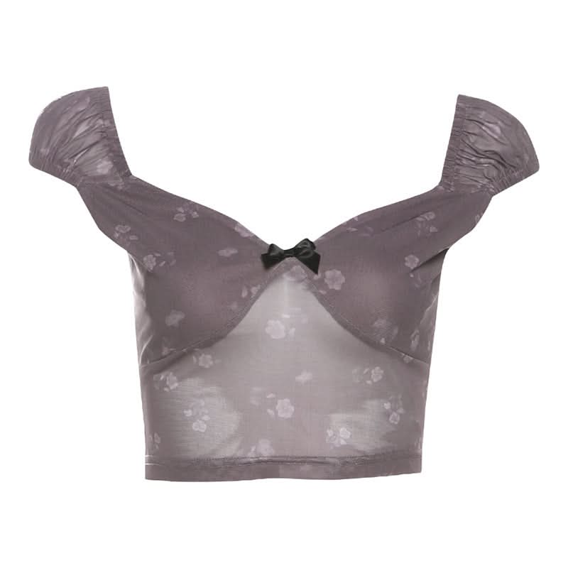 Coquette Floral Mesh Crop Top with Bow - Sheer Y2K Style for Fall