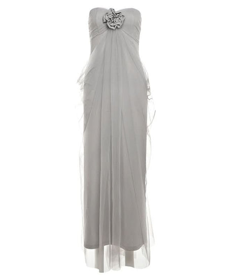 Elegant Strapless Mesh Maxi Dress with 3D Floral Appliqué – Your Go-To for Fall & Holiday Events