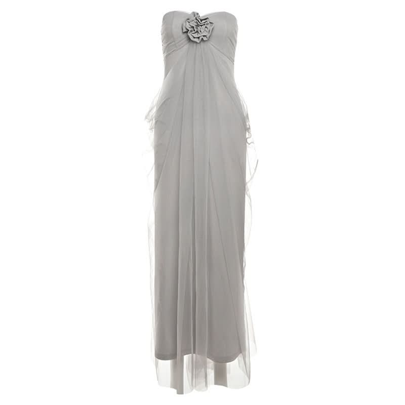 Elegant Strapless Mesh Maxi Dress with 3D Floral Appliqué – Your Go-To for Fall & Holiday Events