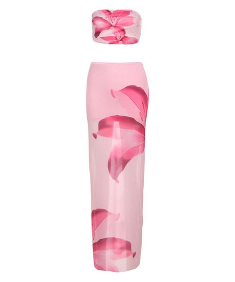 Stunning Pink Floral Mesh Maxi Skirt Set – Chic Strapless Tube Top & Sheer Vacation Skirt | Your Tropical Fall Getaway Essential