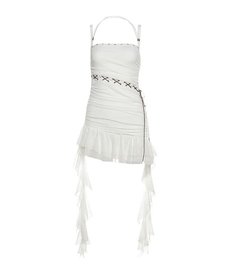 Midnight Edge Studded Halter Mini Dress with Criss-Cross Waist & Asymmetrical Ruffles - Your Ultimate Fall & Holiday Party Statement