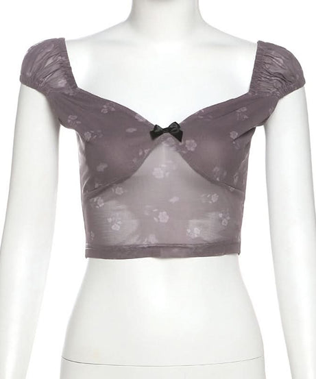 Coquette Floral Mesh Crop Top with Bow - Sheer Y2K Style for Fall