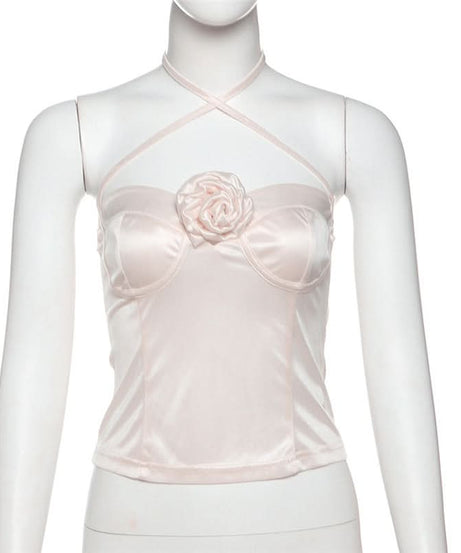 Dreamy Blush Satin Halter Top with 3D Rose - Romantic Fall Nights & Holiday Chic