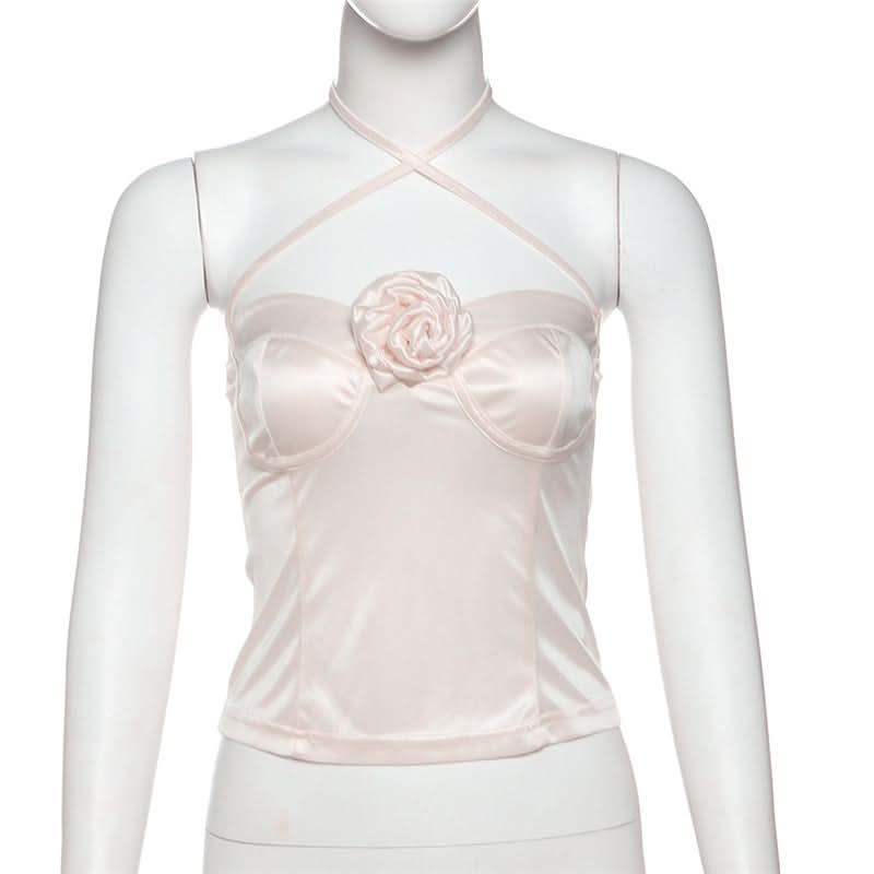 Dreamy Blush Satin Halter Top with 3D Rose - Romantic Fall Nights & Holiday Chic