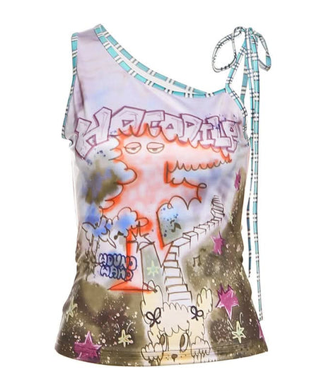 HAHAAH! Spooky-Chic Asymmetrical Graphic Tank Top - Fall Street Style Tie-Up