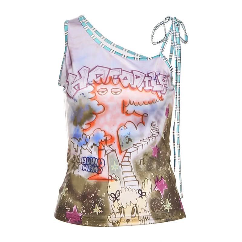 HAHAAH! Spooky-Chic Asymmetrical Graphic Tank Top - Fall Street Style Tie-Up