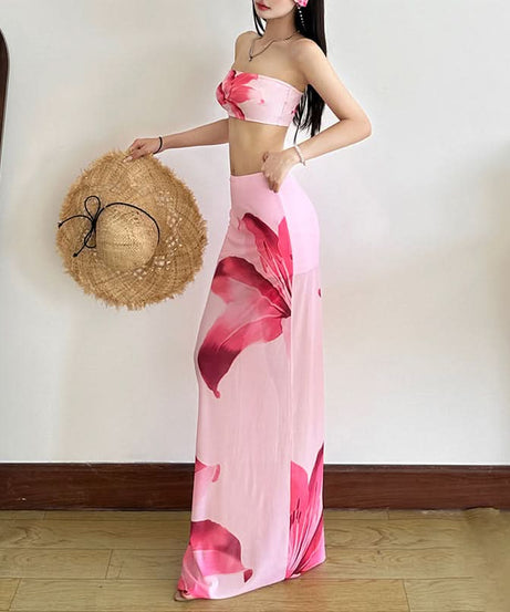 Stunning Pink Floral Mesh Maxi Skirt Set – Chic Strapless Tube Top & Sheer Vacation Skirt | Your Tropical Fall Getaway Essential