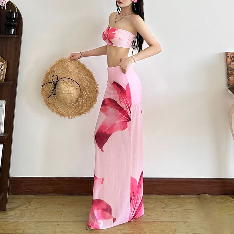 Stunning Pink Floral Mesh Maxi Skirt Set – Chic Strapless Tube Top & Sheer Vacation Skirt | Your Tropical Fall Getaway Essential