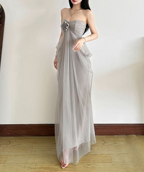 Elegant Strapless Mesh Maxi Dress with 3D Floral Appliqué – Your Go-To for Fall & Holiday Events