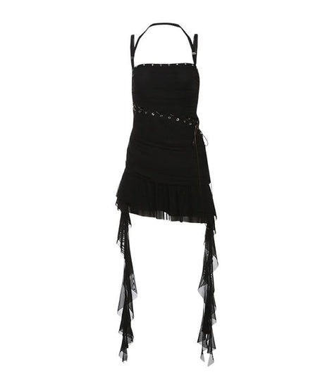 Midnight Edge Studded Halter Mini Dress with Criss-Cross Waist & Asymmetrical Ruffles - Your Ultimate Fall & Holiday Party Statement