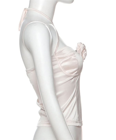 Dreamy Blush Satin Halter Top with 3D Rose - Romantic Fall Nights & Holiday Chic