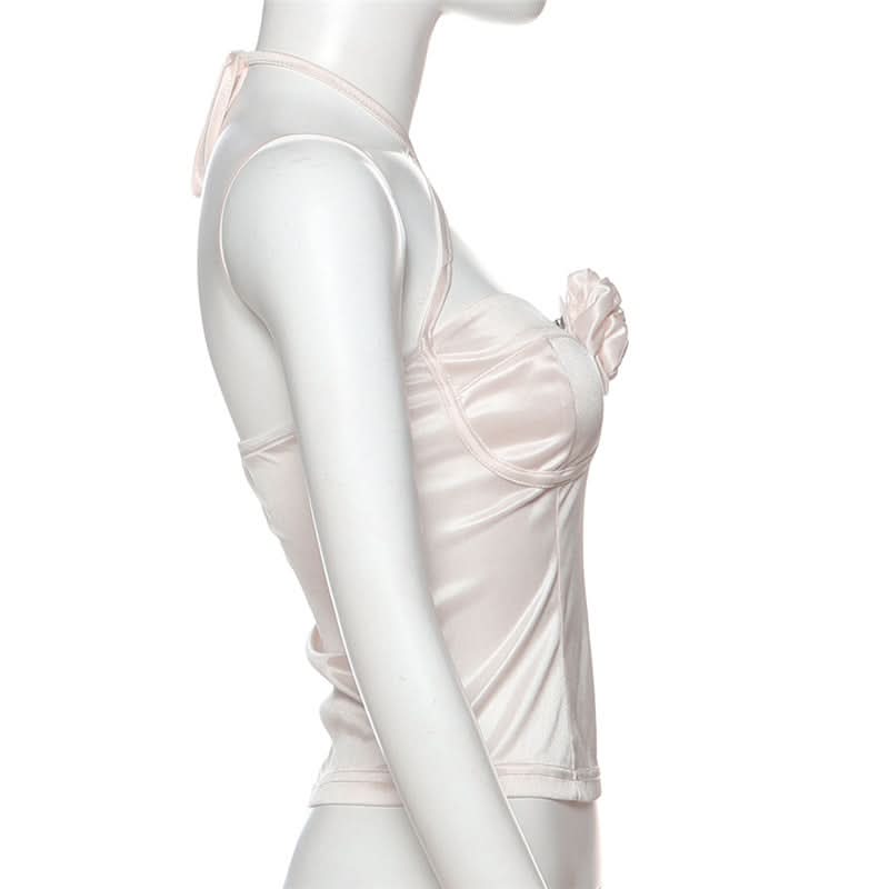 Dreamy Blush Satin Halter Top with 3D Rose - Romantic Fall Nights & Holiday Chic
