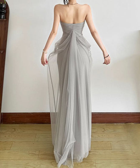 Elegant Strapless Mesh Maxi Dress with 3D Floral Appliqué – Your Go-To for Fall & Holiday Events