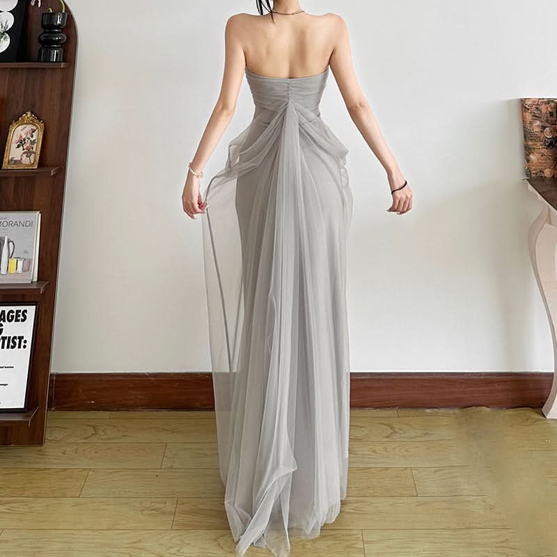 Elegant Strapless Mesh Maxi Dress with 3D Floral Appliqué – Your Go-To for Fall & Holiday Events