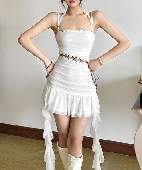 Midnight Edge Studded Halter Mini Dress with Criss-Cross Waist & Asymmetrical Ruffles - Your Ultimate Fall & Holiday Party Statement