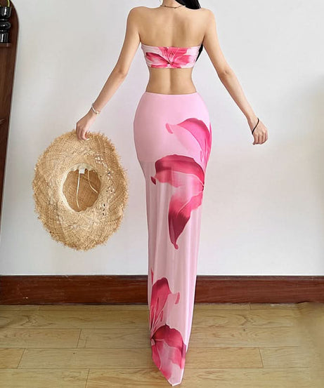 Stunning Pink Floral Mesh Maxi Skirt Set – Chic Strapless Tube Top & Sheer Vacation Skirt | Your Tropical Fall Getaway Essential