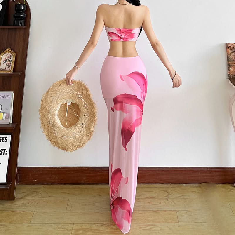 Stunning Pink Floral Mesh Maxi Skirt Set – Chic Strapless Tube Top & Sheer Vacation Skirt | Your Tropical Fall Getaway Essential
